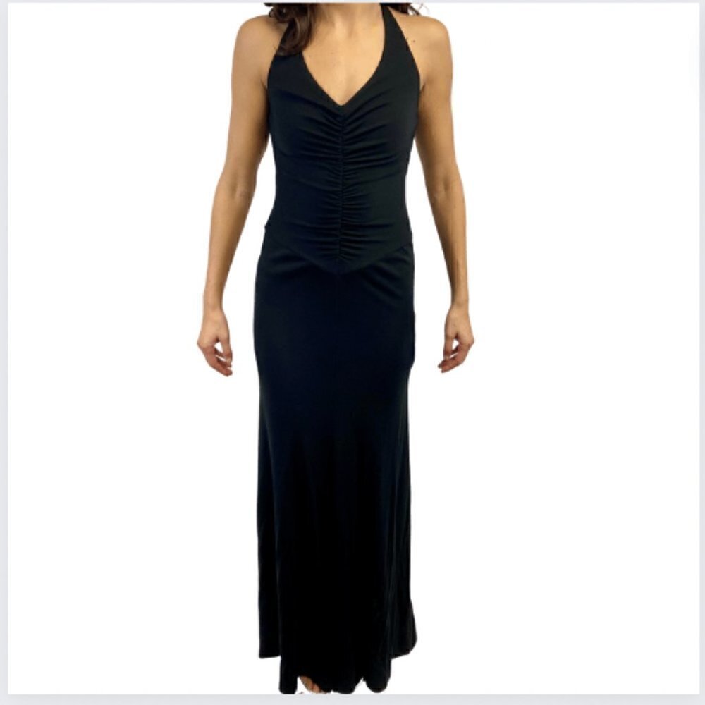 Nicole Miller New York Black Ruched V-Neck Long Dress Gown, 2